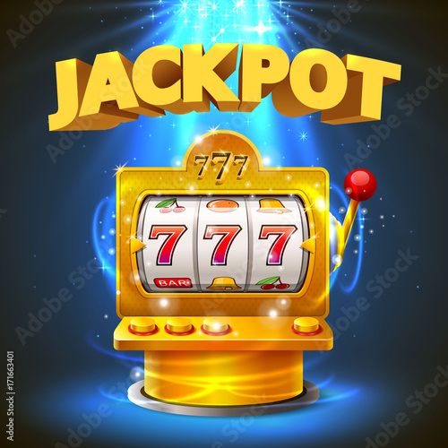 Golden slot machine wins the jackpot. Isolated on blue background. Vector illustration