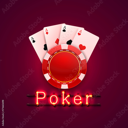 Neon poker chips and cards casino banner. Isolated on red background. Vector illustration