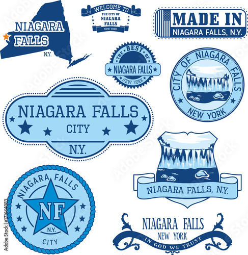 Set of generic stamps and signs of Niagara Falls, NY