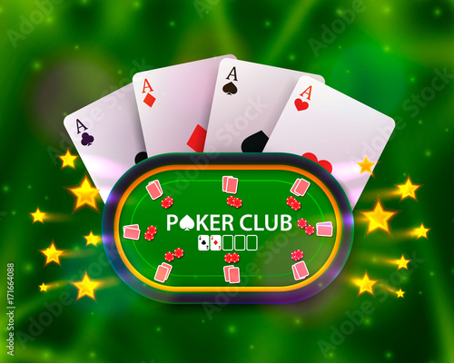 Poker table with the cards and chips on a green background. Vector illustration