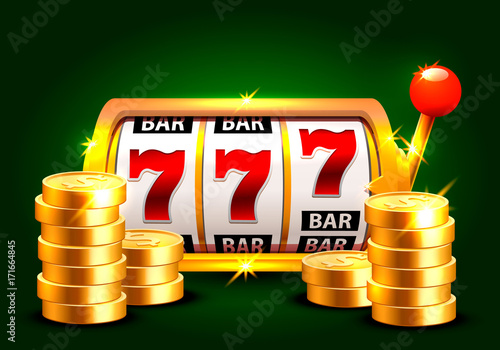Golden slot machine wins the jackpot. Piles of gold coins . Vector illustration isolated on green background