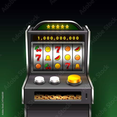 3d slots machine wins the jackpot, Isolated on green background. Vector illustration