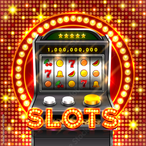 3d slots machine wins the jackpot, Isolated on glowing lamp background. Vector illustration