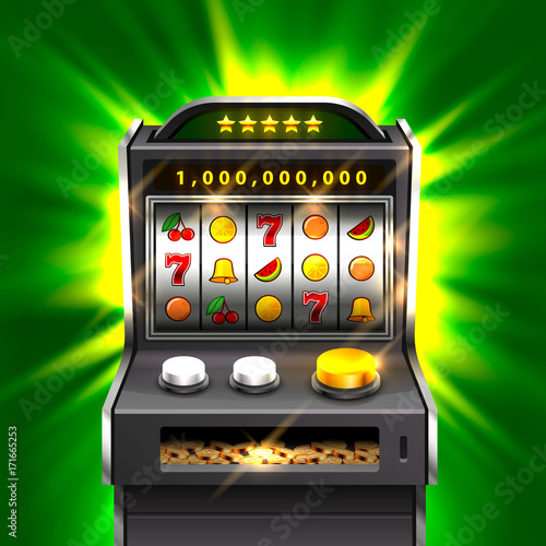 3d slots machine wins the jackpot, Isolated on green background. Vector illustration