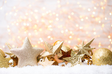 Christmas greeting card with christmas gold decorations.