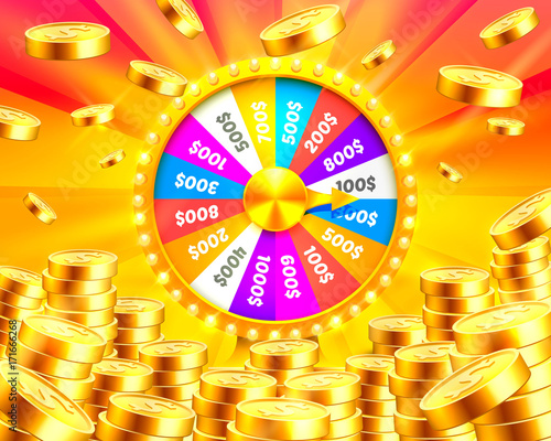 Colorful fortune wheel wins the jackpot. Piles of gold coins. Vector illustration isolated on golden background