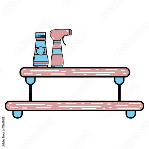 shelf with softener and detergent liquid spray bottle vector illustration