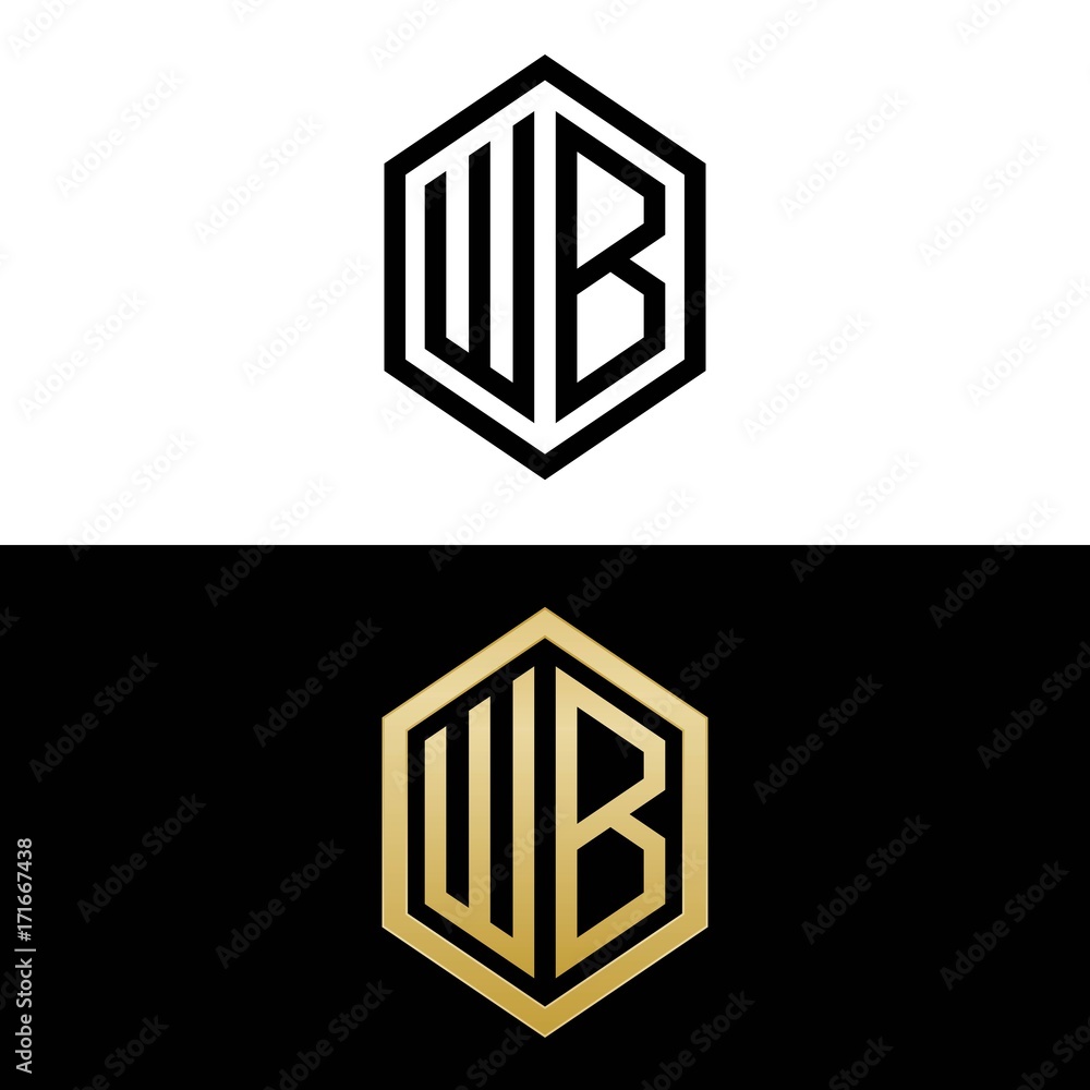 initial letters logo wb black and gold monogram hexagon shape vector ...