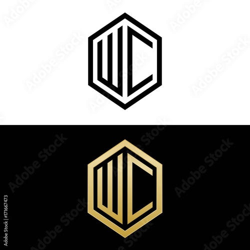 initial letters logo wc black and gold monogram hexagon shape vector