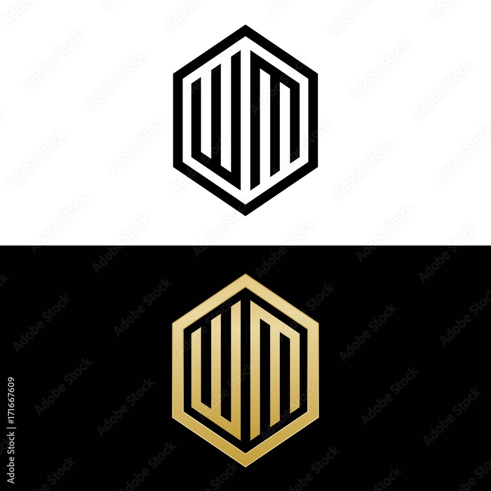 initial letters logo wm black and gold monogram hexagon shape vector