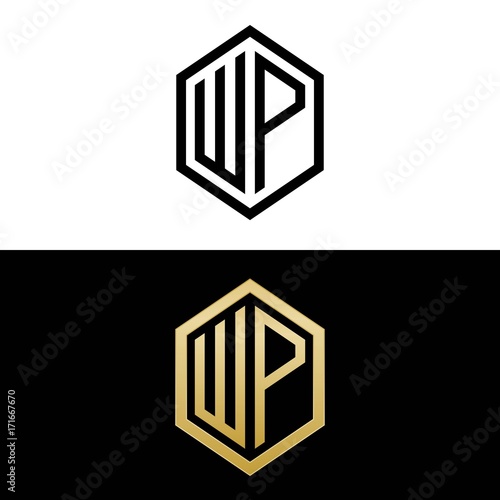 initial letters logo wp black and gold monogram hexagon shape vector