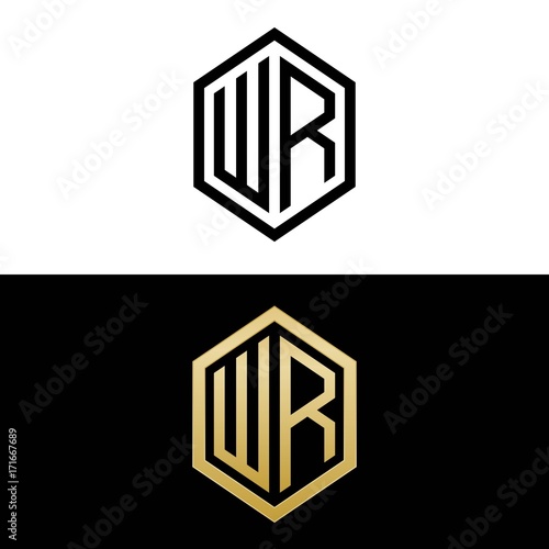 initial letters logo wr black and gold monogram hexagon shape vector