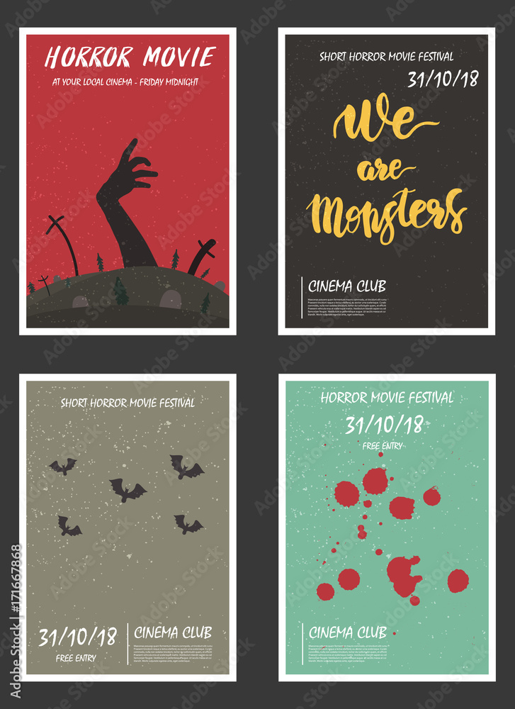 Fototapeta premium Movie retro posters set. Vintage cinema promotional printing collection. Can be used for ad, banner, web design. Layout template in A4 size. 