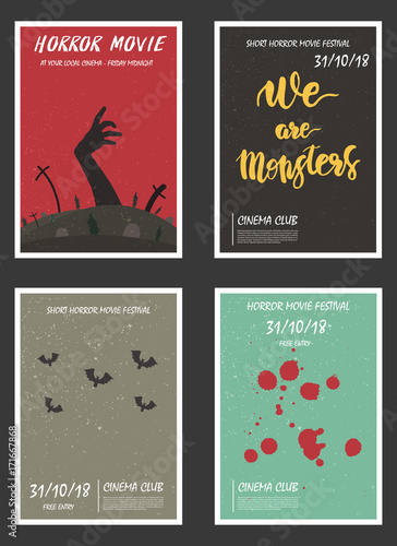 Movie retro posters set. Vintage cinema promotional printing collection. Can be used for ad, banner, web design. Layout template in A4 size. 