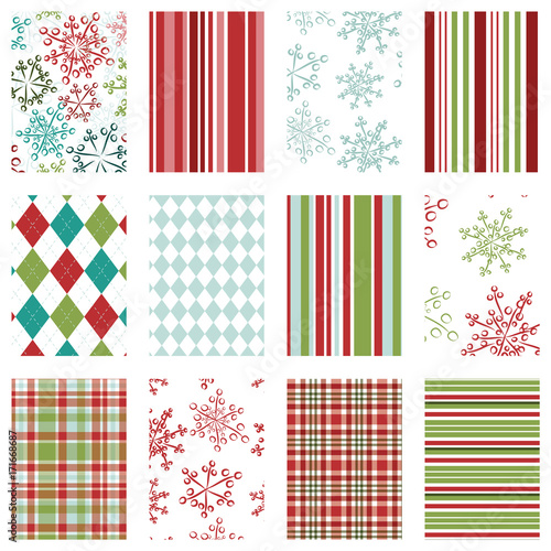 Snowflake seamless pattern set. Repeating holiday patterns for gift wrap, cards, invitations, gift bags, decorations and more. Snowflake, stripe, argyle, diamond and plaid prints. Christmas patterns.