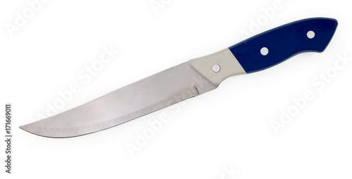 Inexpensive kitchen knife with white-blue handle isolated on white background, close up