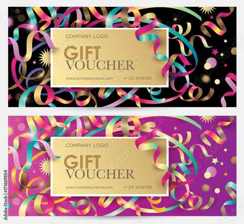 Gift coupon with colorful ribbons, serpentine and glitter. Christmas gift certificate. Vector template for gift card, coupon and certificate for a spa, beauty salon, shops, cosmetics and restaurants