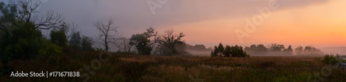 panorama of the misty sunrise of the gentle colors of the nature of the Russian forest-steppe