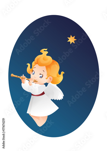 Kid angel musician flutis, flautist flying on a night sky making