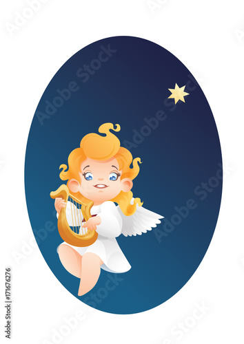 Kid angel musician harpist flying on a night sky making music on