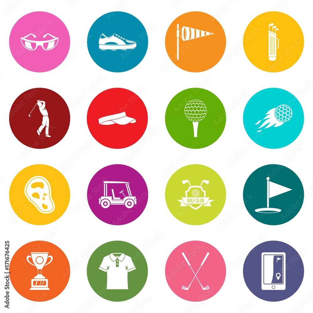 Golf items icons many colors set Golf items icons many colors set