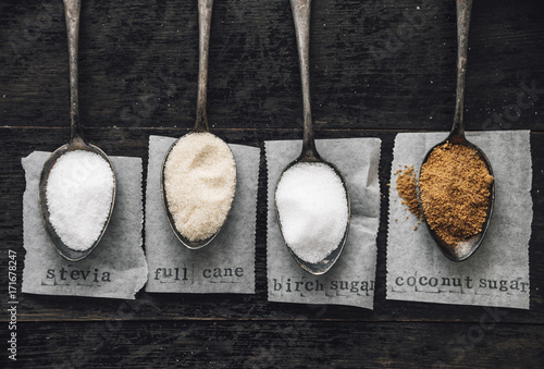 Food: Natural sugar alternatives, stevia, birch, coconut and full cane sugar photo
