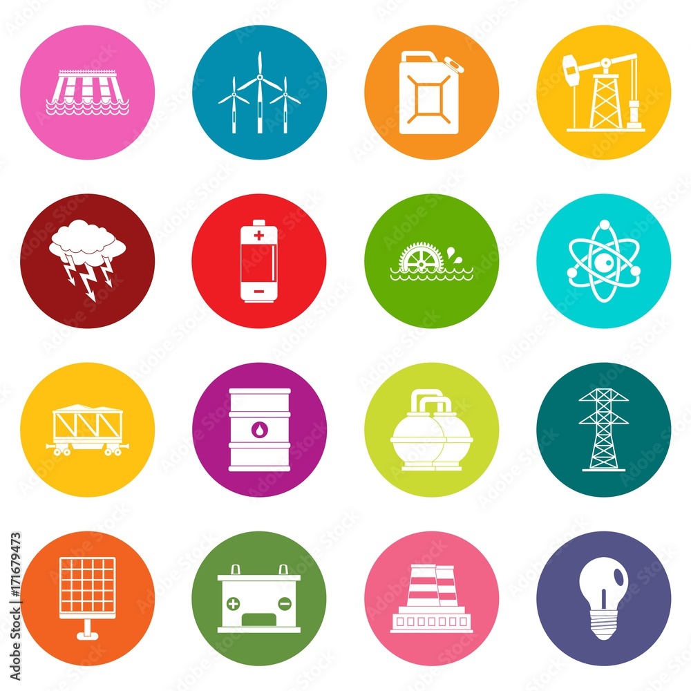 Energy sources items icons many colors set Energy sources items icons many colors set