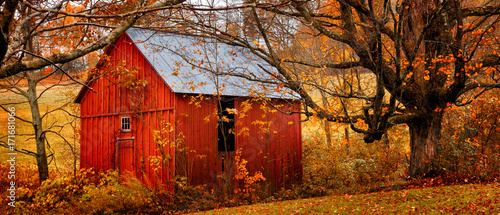 Autumn landscape with little red barn. Colorful orange and yellow fall leaves. Banner format