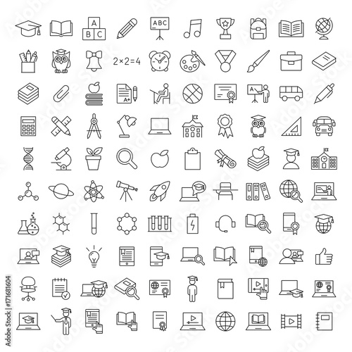school education line black icons set