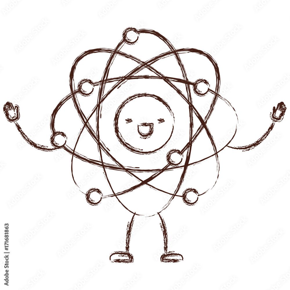 atom kawaii caricature with open arms standing in blurred brown color contour vector illustration