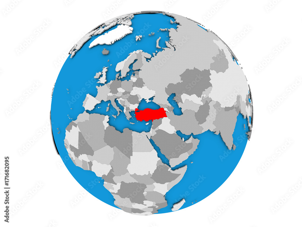 Turkey on globe isolated