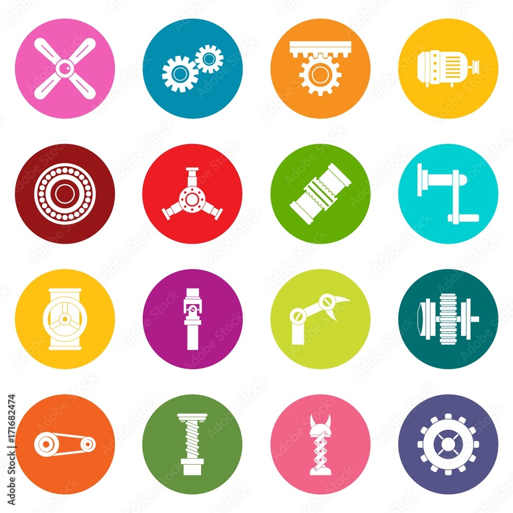 Techno mechanisms kit icons many colors set Techno mechanisms kit icons many colors set