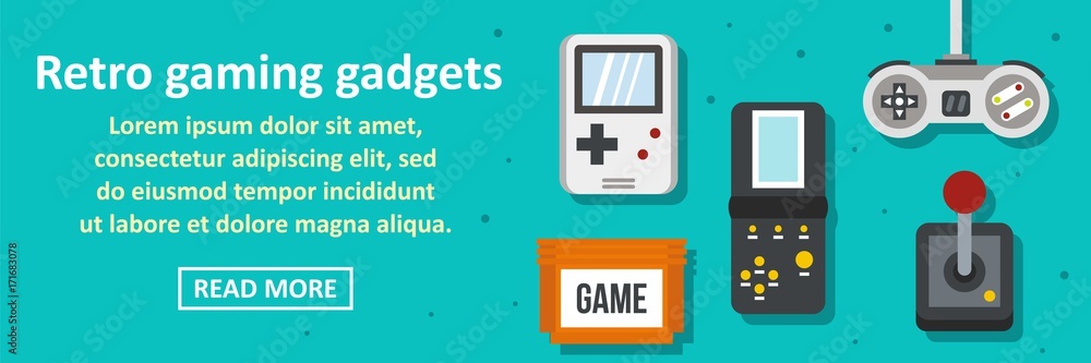 Retro gaming gadgets banner horizontal concept Retro gaming gadgets banner horizontal concept