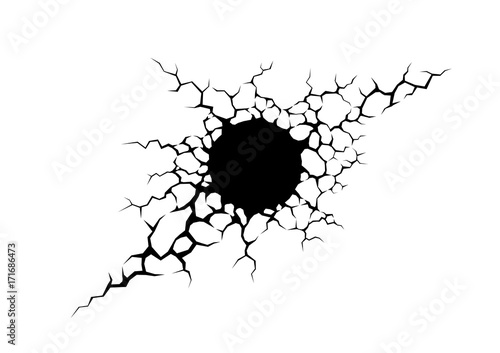 Cracks hole in the white concrete wall. Spark or damage on white background. Texture design in grunge and polygon style.