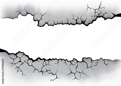 Cracked banner in the white concrete wall. Branch or damage on white background. Texture design in grunge and polygon style.