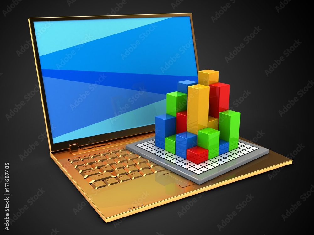 3d golden computer and diagram