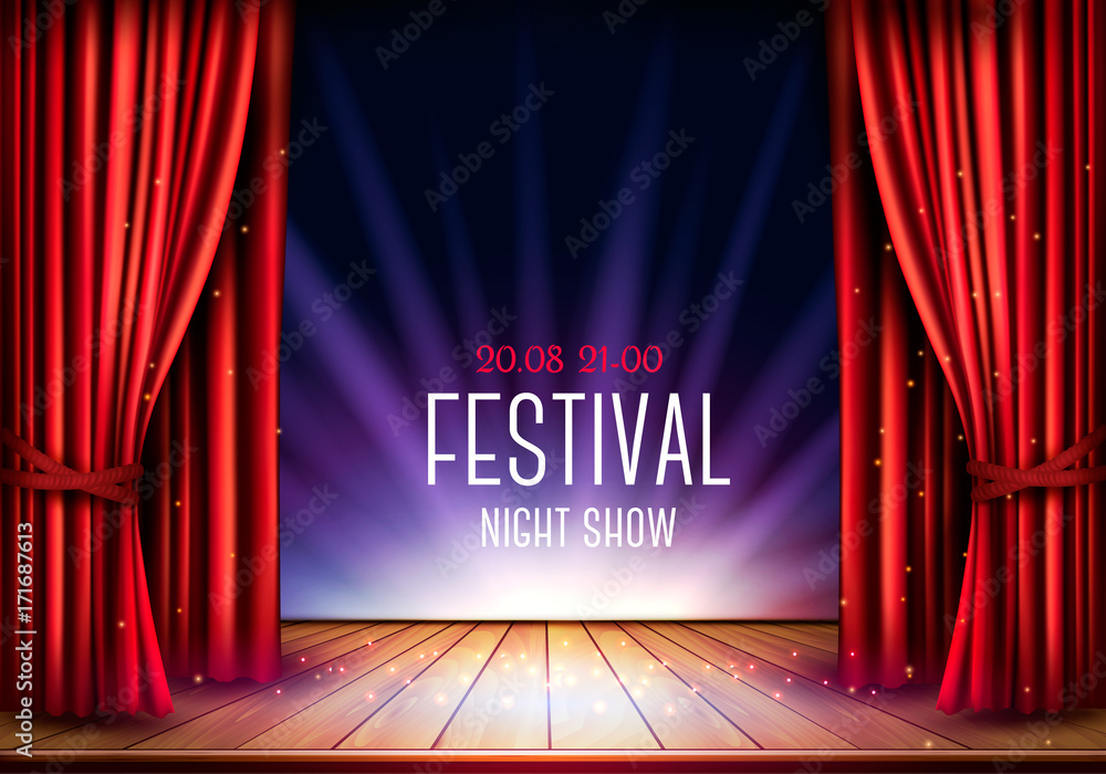 Naklejka premium Scena teatralna z czerwoną kurtyną i reflektorem. Tło pokazu nocy festiwalu. Wektor.