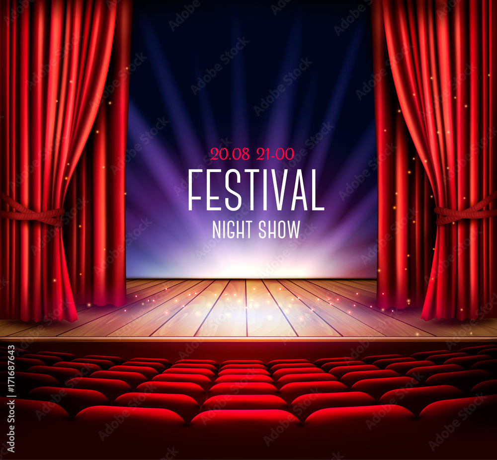 A theater stage with a red curtain and a spotlight. Festival night show  background. Vector. Stock Vector | Adobe Stock