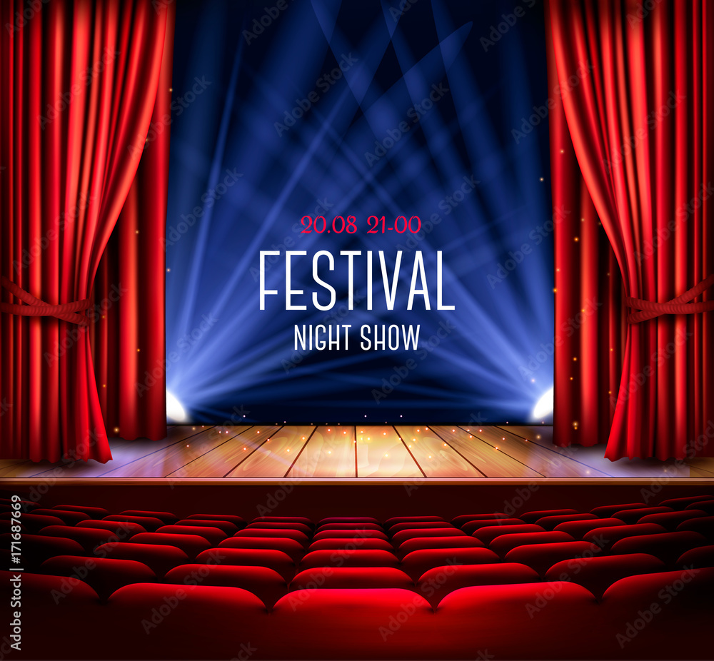 Fototapeta premium A theater stage with a red curtain and a spotlight. Festival night show poster. Vector.