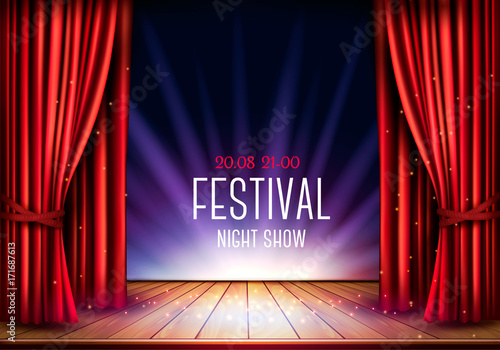 A theater stage with a red curtain and a spotlight. Festival night show background. Vector. photo