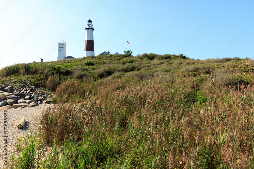 Montauk Point lighthouse on the beach on Long Island, New York