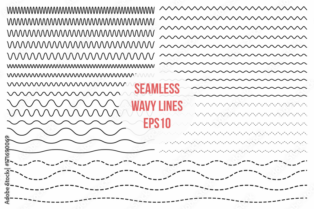 Wavy lines set. Horizontal seamless thin zig zag, criss cross and wavy lines for brushes - obrazy, fototapety, plakaty 
