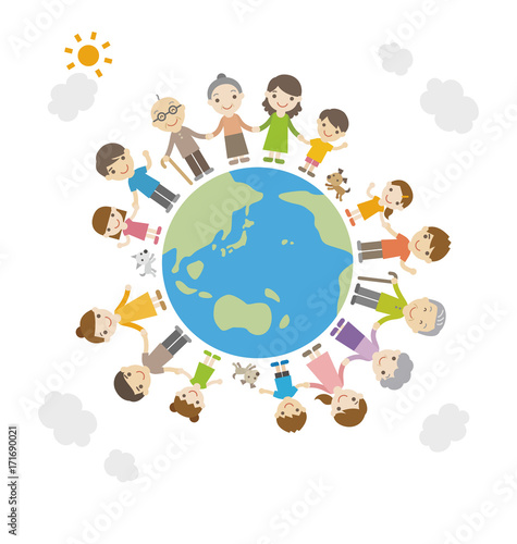 地球の上に円を描いて並ぶ家族