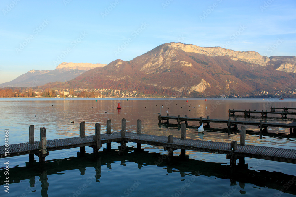 Beautiful view of the Annecy Lake in French Alps in sunset