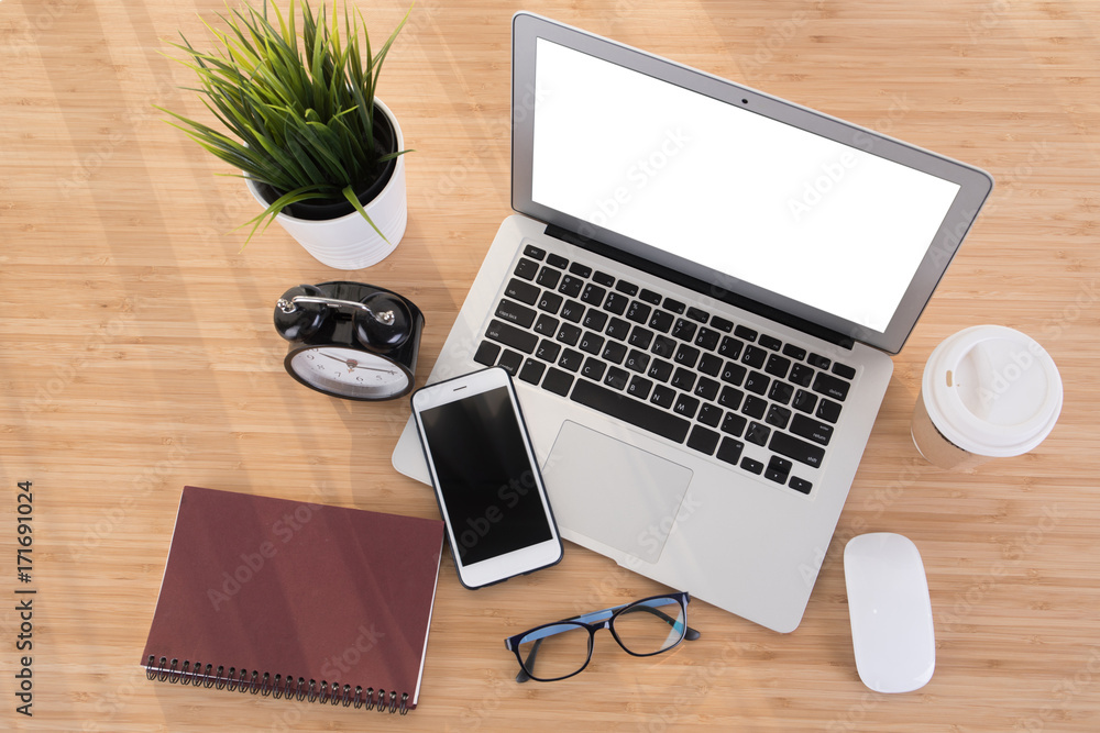 Laptop with smart phone notebook and coffee cup Laptop with smart phone notebook and coffee cup