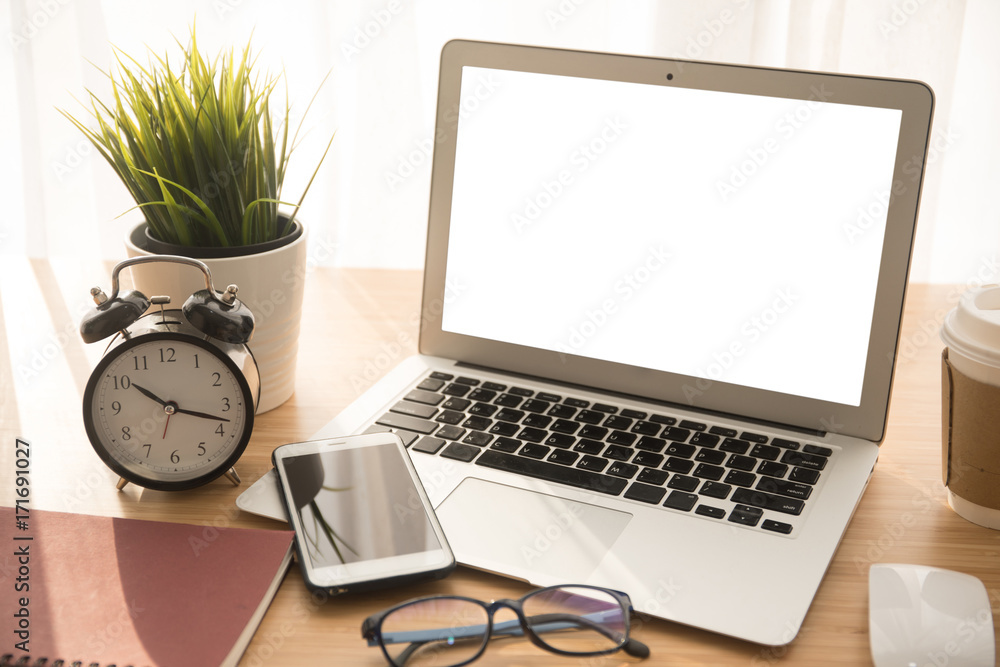 Laptop with smart phone notebook and coffee cup Laptop with smart phone notebook and coffee cup