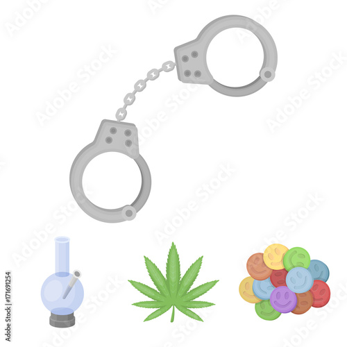 Hemp leaf, ecstasy pill, handcuffs, bong.Drug set collection icons in cartoon style vector symbol stock illustration web.