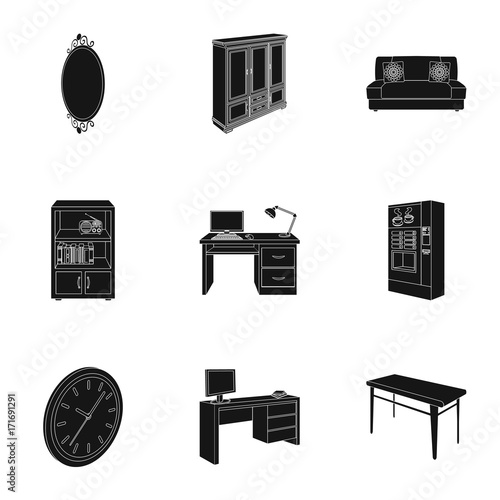 Coffee maker, sofa, mirror, table service in the restaurant and other web icon in black style isometric. Interior and office furniture icons in set collection.
