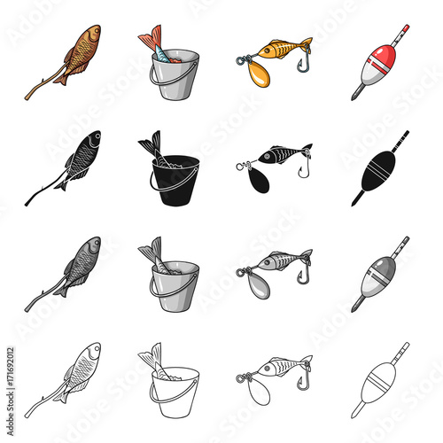 Fish on skewers, catch in a bucket, bait fishing lure, float. Fishing set collection icons in cartoon black monochrome outline style vector symbol stock illustration web.