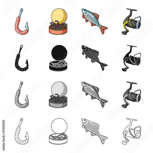 Hook with a worm, bait for fishing, rudd, spinning reel. Fishing set collection icons in cartoon black monochrome outline style vector symbol stock illustration web.